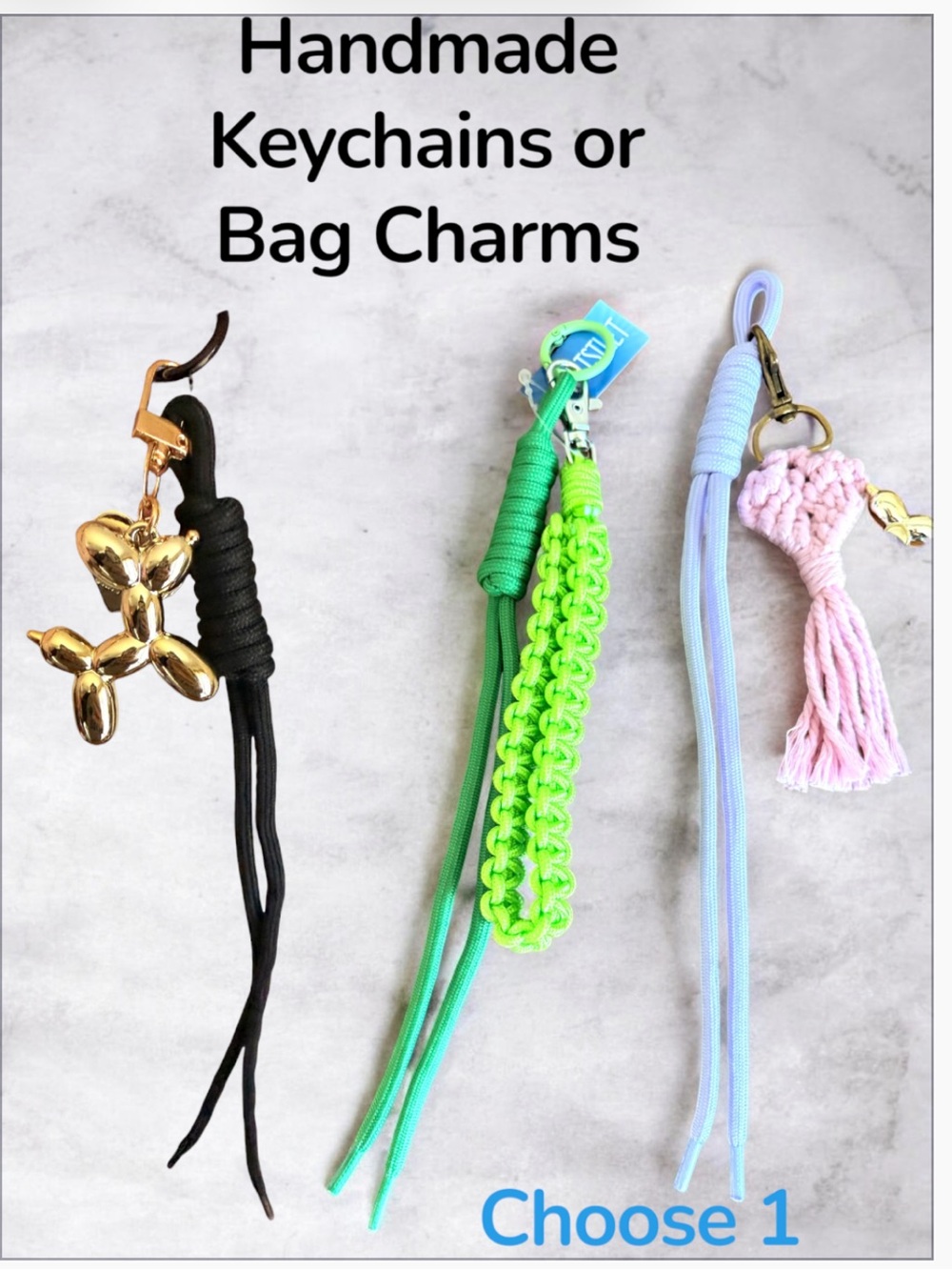 Handmade Paracord Bag Charms or Keychains choose 1: dog , pink heart, wristlet
